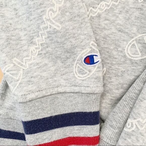 Champion logo hoodie light grey red navy stripe cuffs hem pullover ribbed XS - Picture 6 of 10